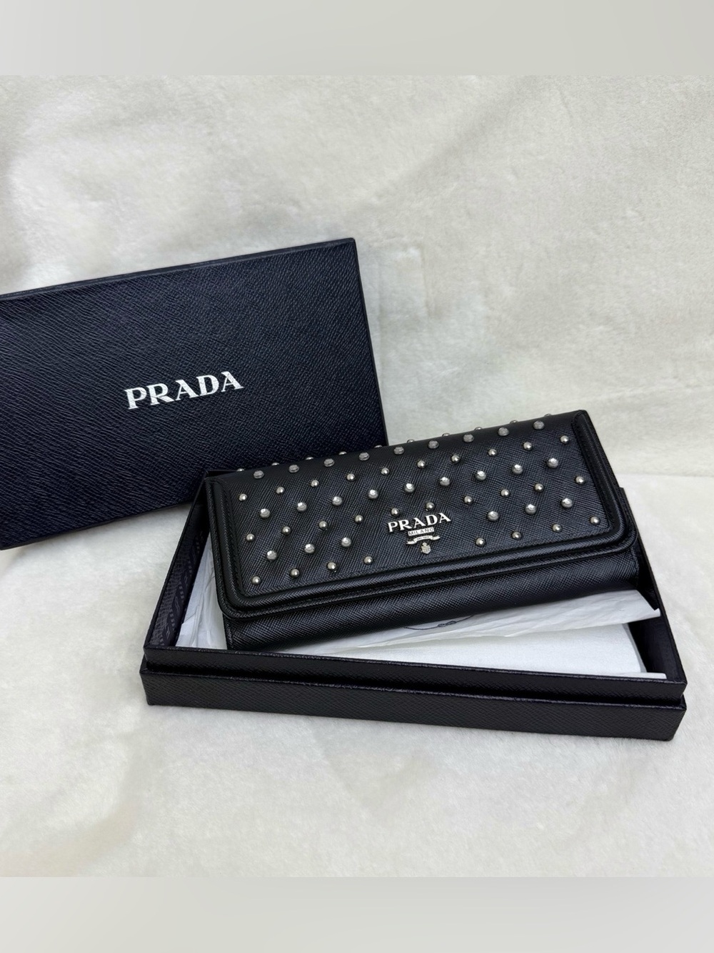 Prada Black Saffiano Leather Studded Flap Wallet